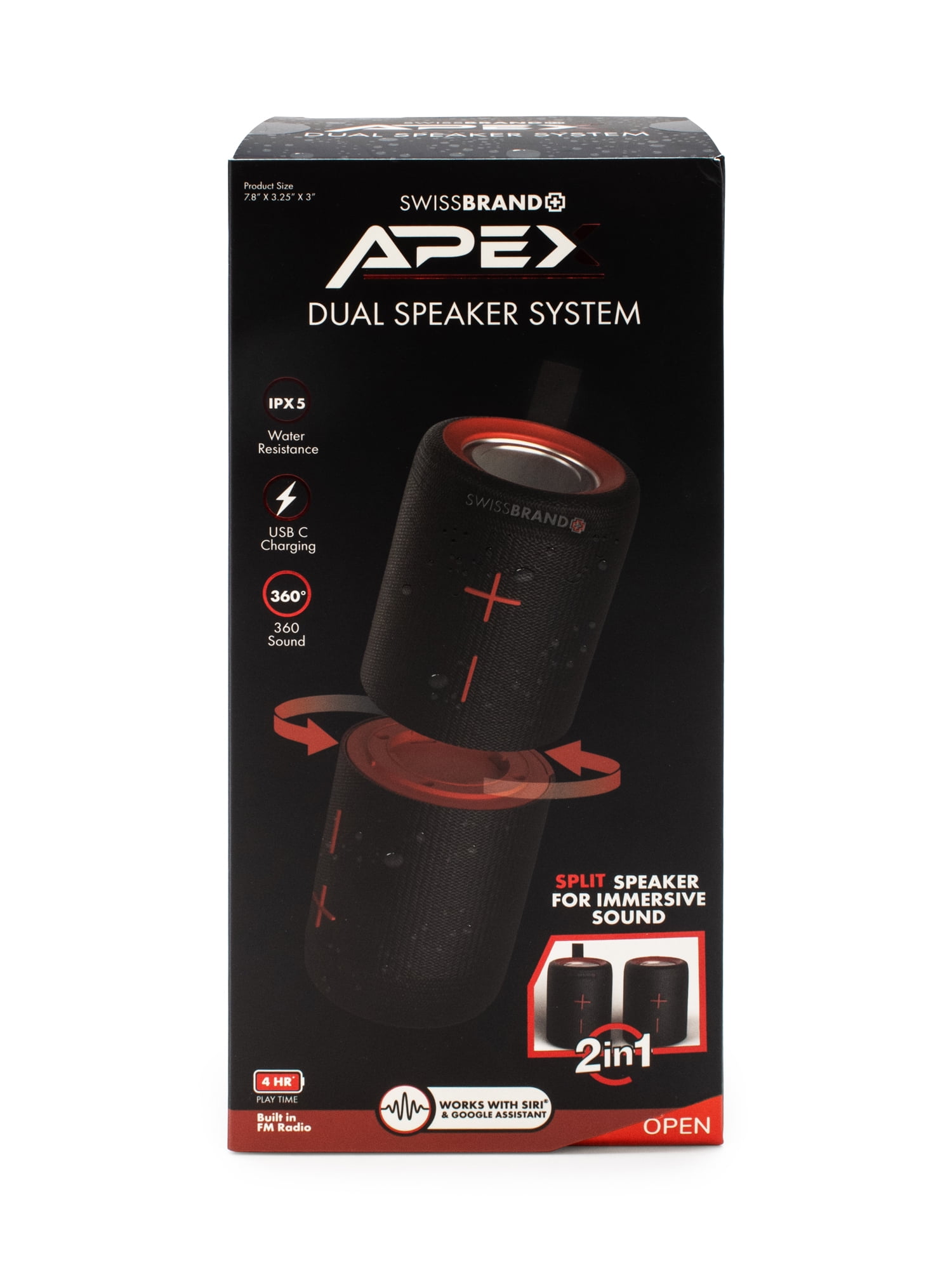 Swissbrand Apex 2-in-1 Portable Bluetooth Speaker – 360° Sound, Detachable Design, USB-C Charging, IPX5 Water Resistant