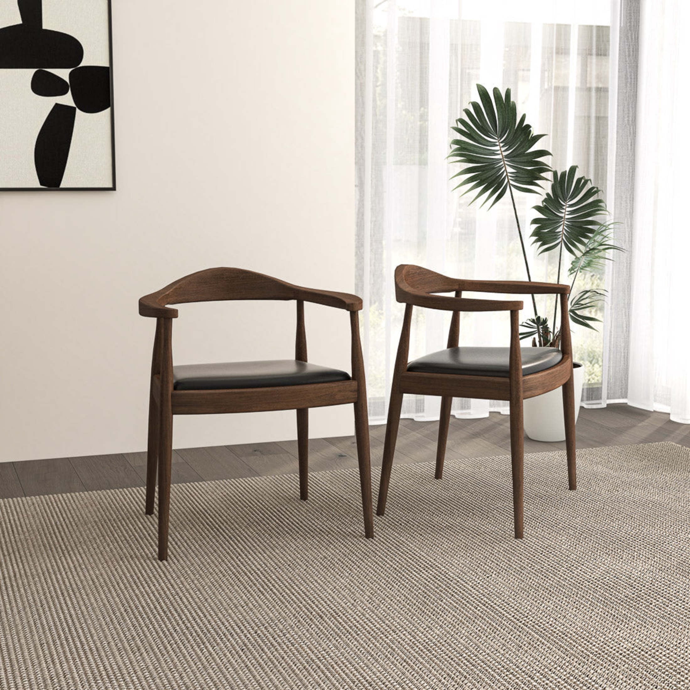 Noble House Trevor Kelly Mid-century Modern Dining Chair, Solid Wood Frame with Leather Upholstery, Black and Brown