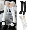 thumbnail image 4 of Calcetines hasta la rodilla con volantes y volantes de encaje de Lolita para mujer, medias largas elásticas de verano con lazo dulce Kawaii, medias largas de Color sólido, disfraz, 4 of 5