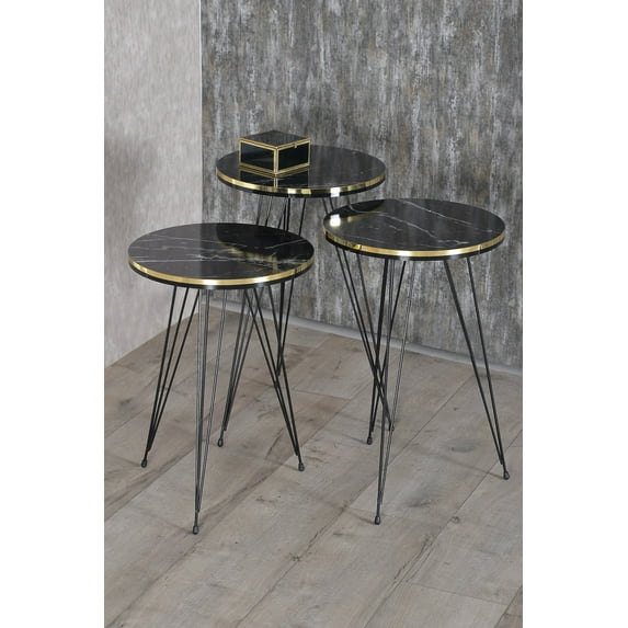 Black Marble Nesting Coffee Tables 3 PCS,Round Side Table With Black 3-Rod Metal Legs,Set of 3 Small Accent Table with Gold/Black Side Details, Nightstand Modern End Table for Living Room Bedroom