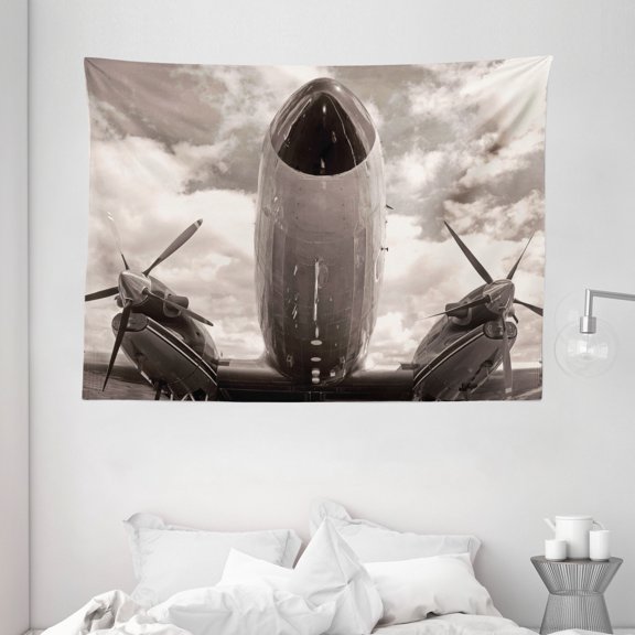 Vintage Airplane Decor Tapestry, Turboprop Airplane Nose Close Up View Cloudy Sky Aviation Historic, Wall Hanging for Bedroom Living Room Dorm Decor, 80W X 60L Inches, Sepia White, by Ambesonne