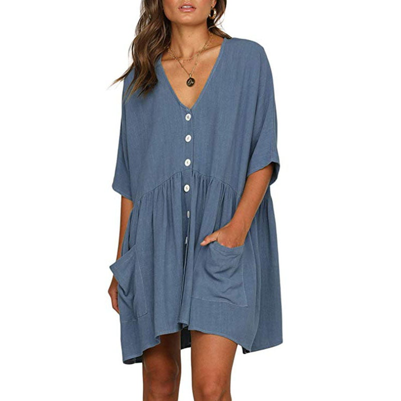 Women's Half Sleeve V Neck Button Down Shirt Dress Swimsuits Cover ups Cotton Linen Casual Mini Dress with Pocket 