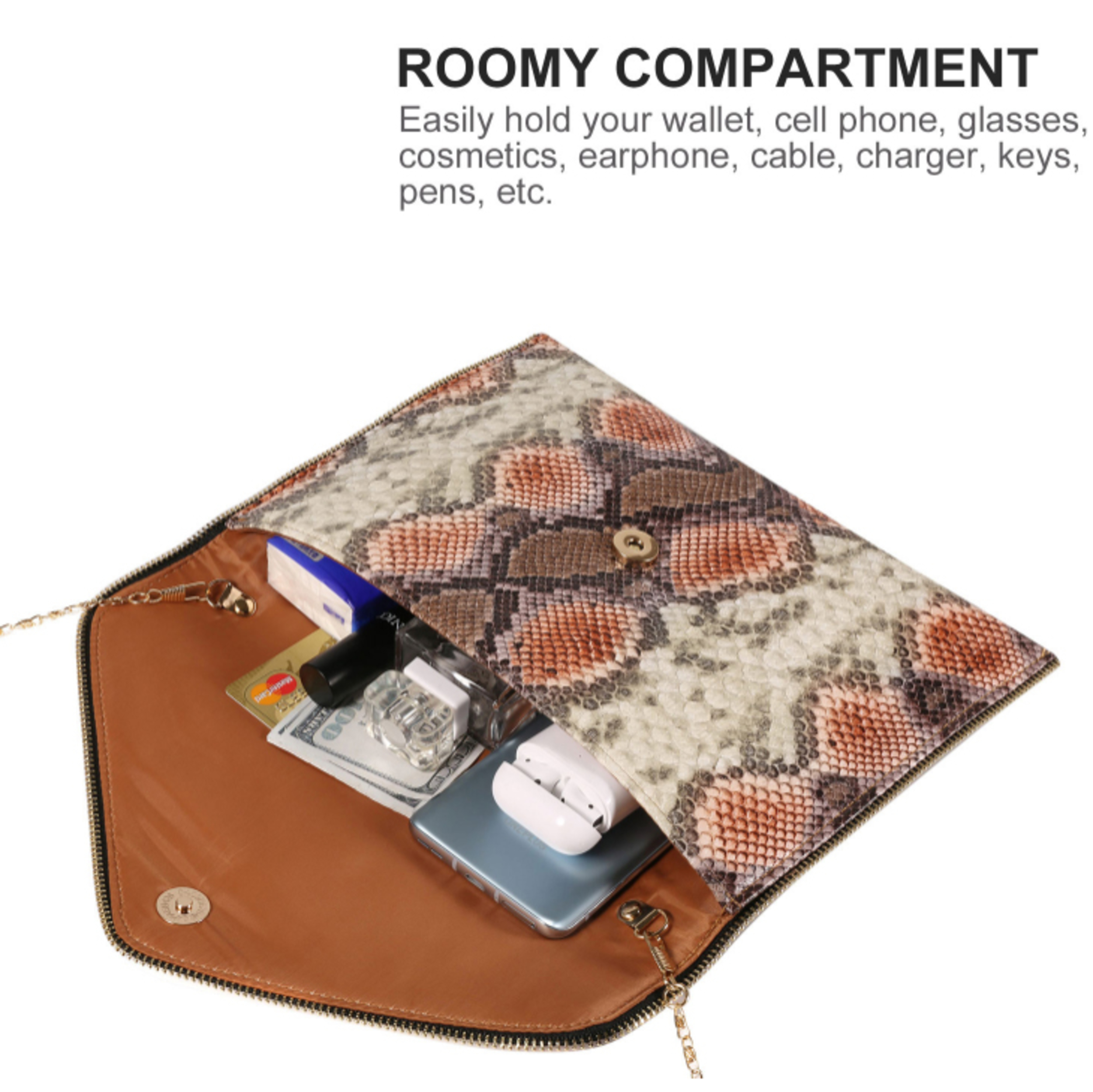 PU Leather Snakeskin Envelop Clutch Purse Evening Chain Shoulder Bag for Women