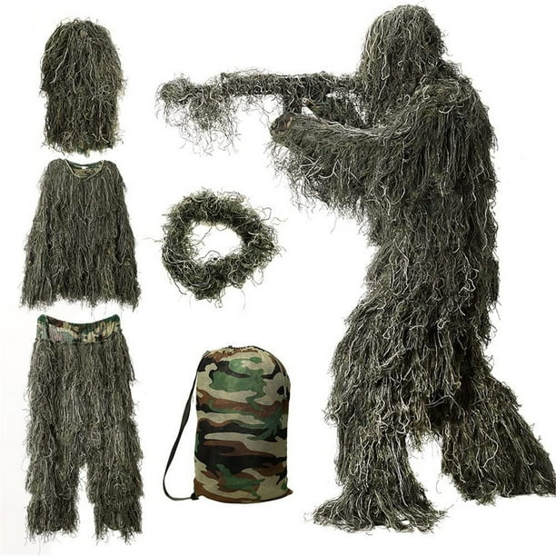 Traje Ghillie 5 en 1 | Conjunto de ropa de caza con camuflaje 3D (chaqueta, pantalón, capucha y bolsa de transporte) para caza, airsoft y actividades al aire libre