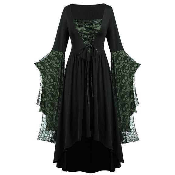 Huowey Vampire Gothic Dresses Women Halloween LaceâUp Waist High-Low Fancy Cosplay Party Gown Square Neck Long Sleeve Eye-Catching Halloween Dress,Green,XL