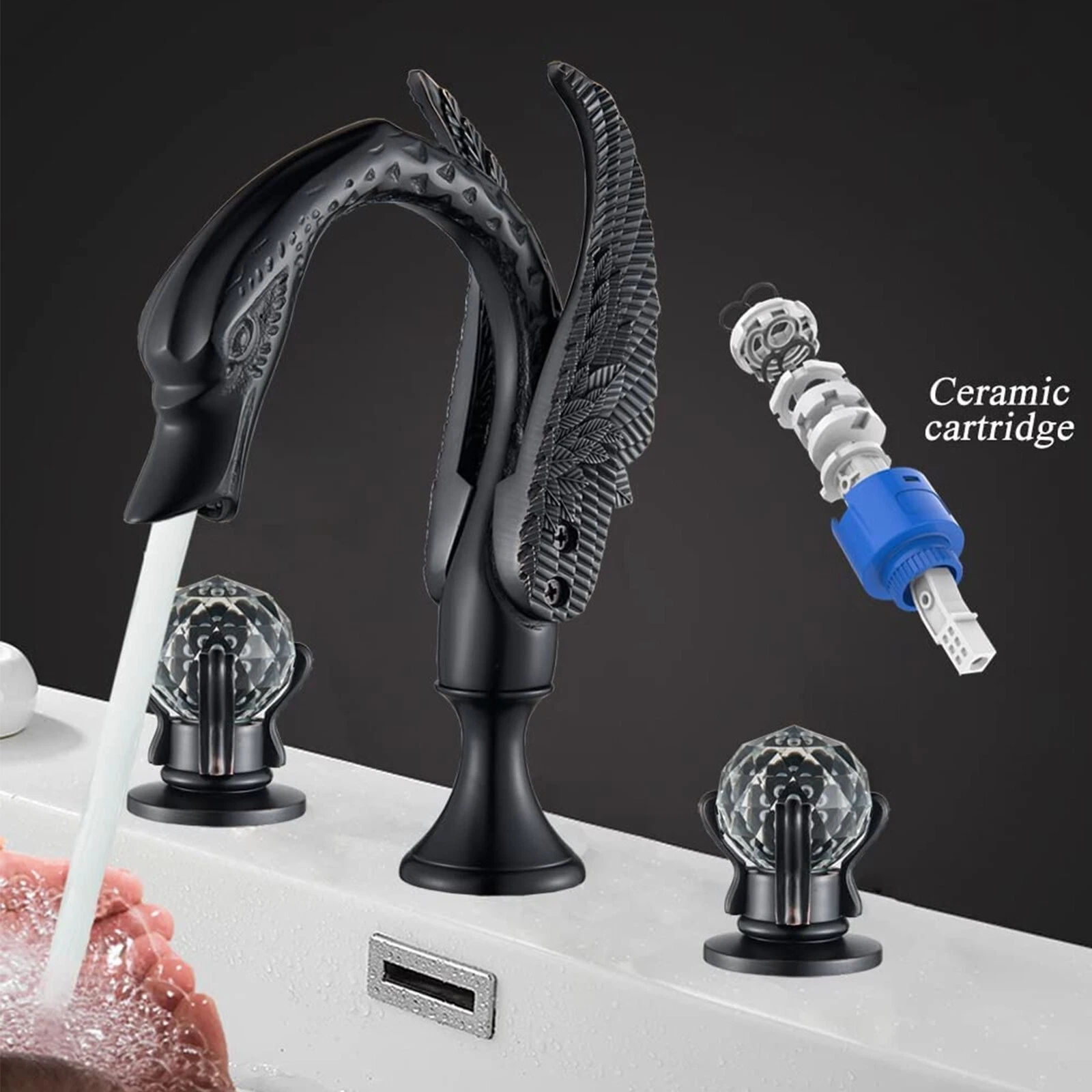 Luxury Bathroom Faucet 8 in Widespread Black Swan Basin Faucet w/Crystal Handles