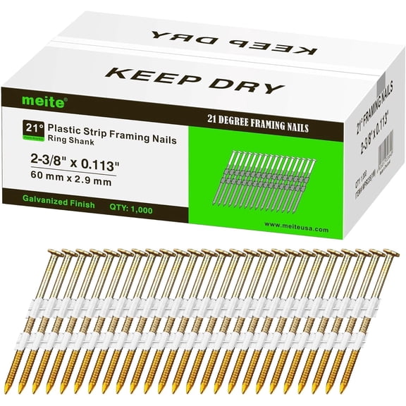 MEITE Collated Nails Framing Full Round Head Ring Shank 21 Degree 2-3/8 inch Length Galvanized Finish 1000 Count