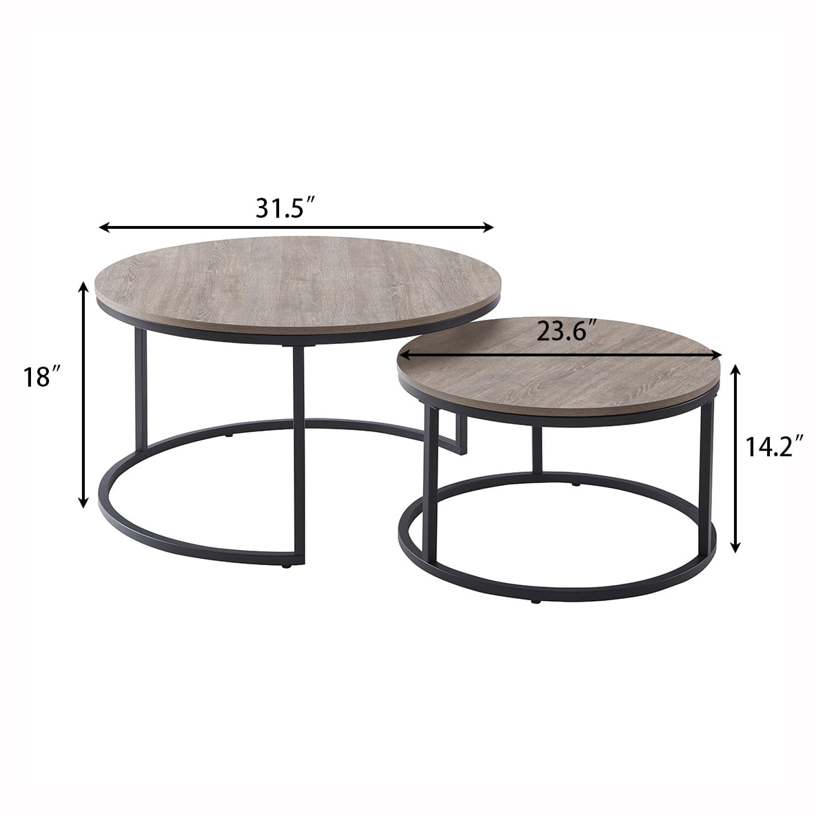 CENSI Round Nesting Coffee Table Set of 2, 31.5" Modern Grey Wash Oak Wood & Metal Frame, Industrial Circle Stacking Accent Tables for Living Room, Rustic Farmhouse Decor, Easy Assembly