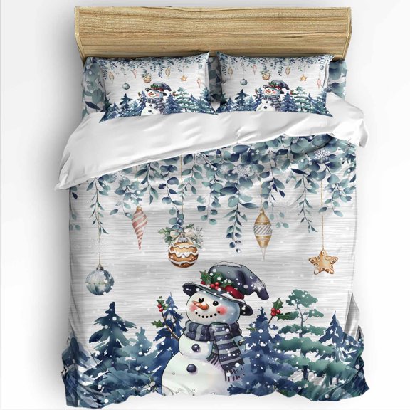 Blue Christmas Snowman King Size Comforter Set, Green Eucalyptus Pine Tree Xmas Ball Soft Bedding for All Seasons, 4 Pcs Bed Set with 1Comforter (90"x106") ,1 Sheet(94"x116"), 2 Pillowcases (19"x35")