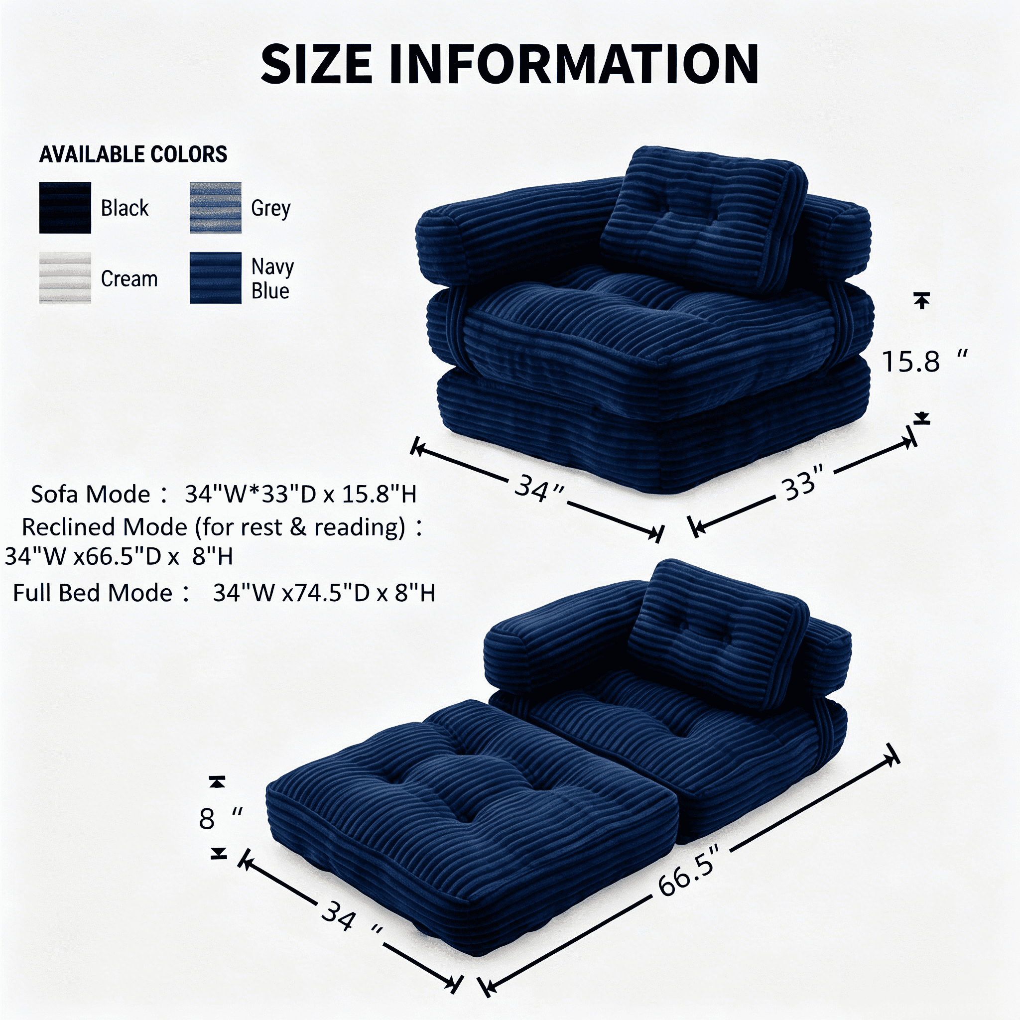 Howcool Corduroy Folding Sofa Bed,3 in 1 Convertible Sleeper Chair with Pillow & L-shaped Lumbar Pillow,Boneless Floor Sofa Couch Lounge Chair for Living Room Dorm,Navy