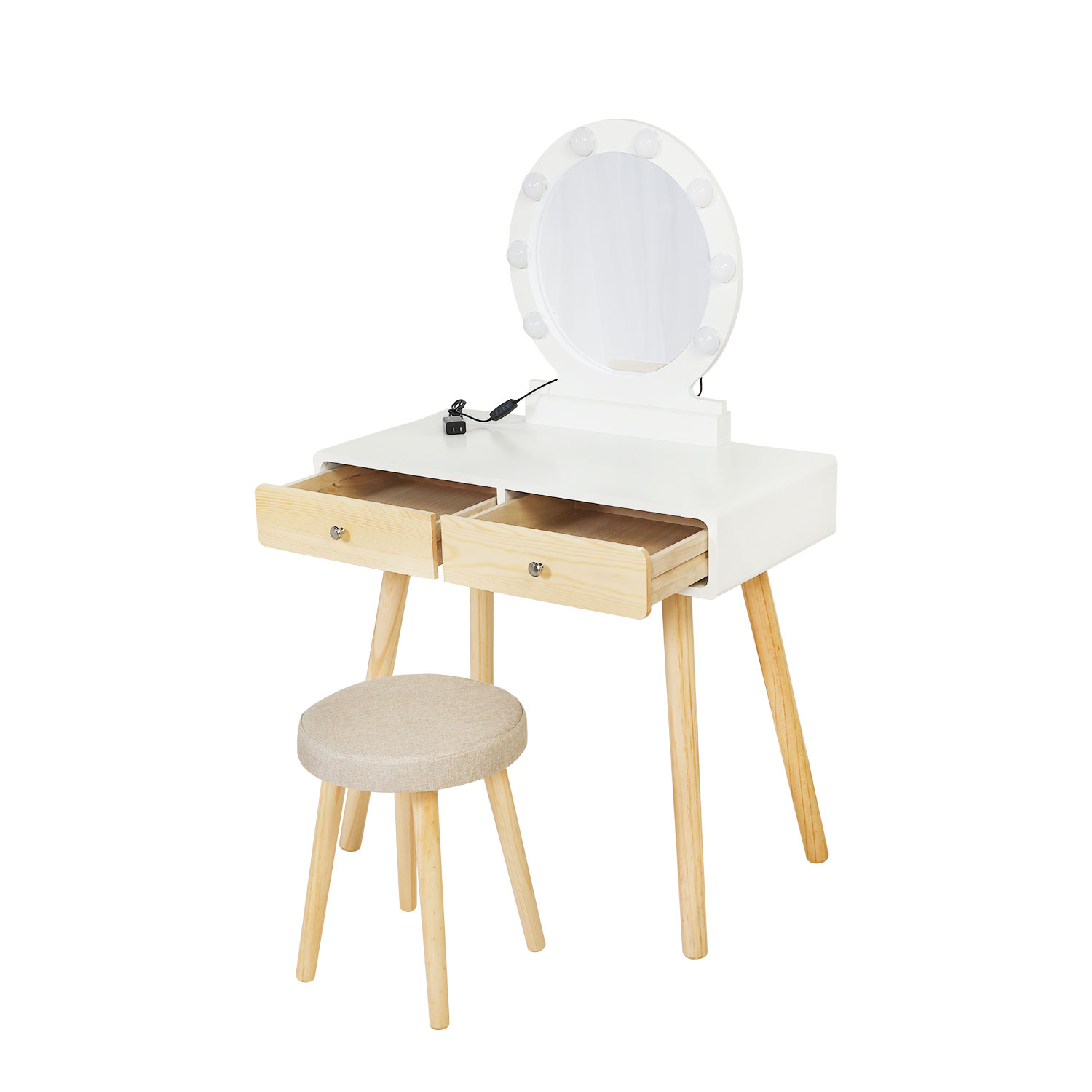 Round Mirror Vanity Table, Double Drawer Dressing Table with 8 Led