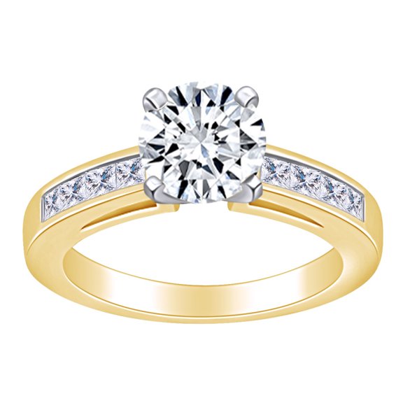 AFFY (1.50 Cttw) Round & Princess Shape White Natural Diamond Solitaire Engagement Ring In 14k Solid Yellow Gold Ring Size-5