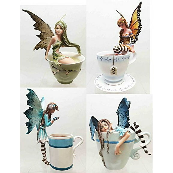 Set of 4 Amy Brown Fairies Green Tea Warm Toes Coffee Hot Cocoa Fairy Sculpture