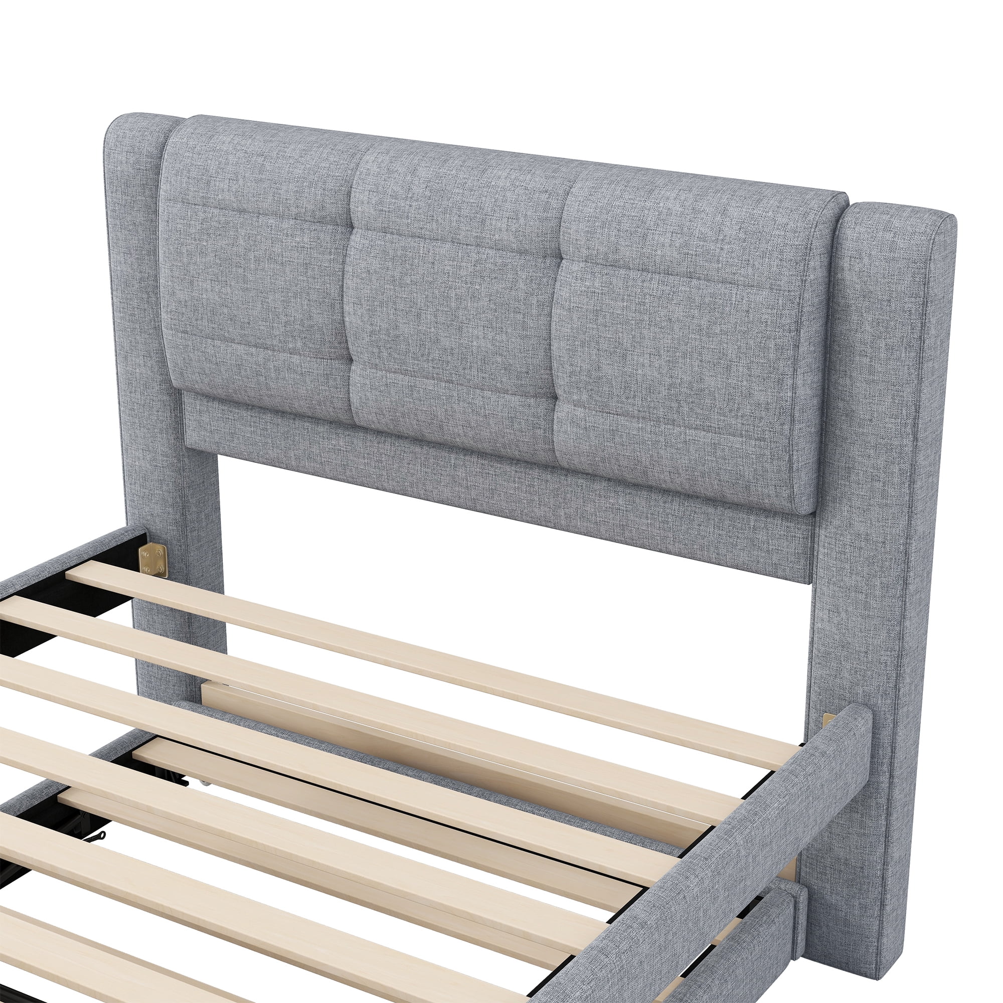 Euroco Upholstered Twin Platform Bed with Pop-up Twin Trundle for Bedroom, 2 Beds in One, Gray