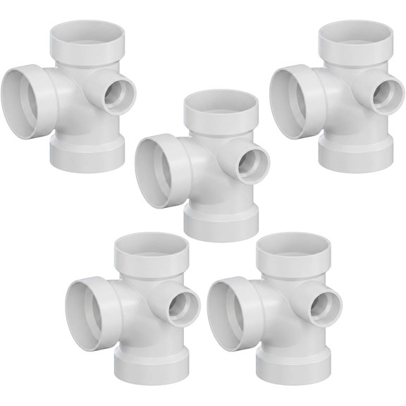 4" x 4" x 4" x 2" White PVC DWV Sanitary Tee w/ Right Side Inlet All Hub PVC Drain, Waste & Vent Fitting, (5 Pack)