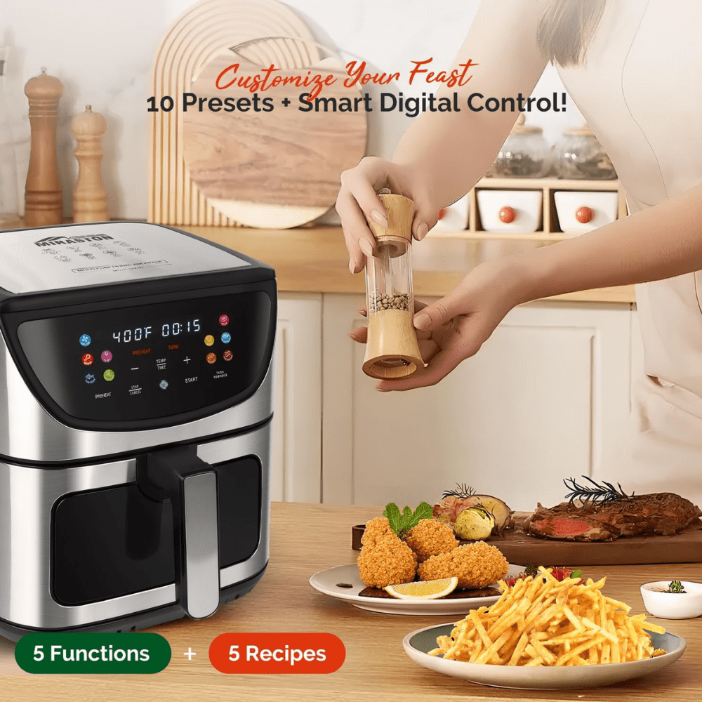 MIRASTON 8.5QT Large Air Fryer with Viewing Window, 10-in-1 Digital Family Size Air Fryer, Dishwasher Safe, Healthy Oil-Free Cooking, Stainless Steel, Black