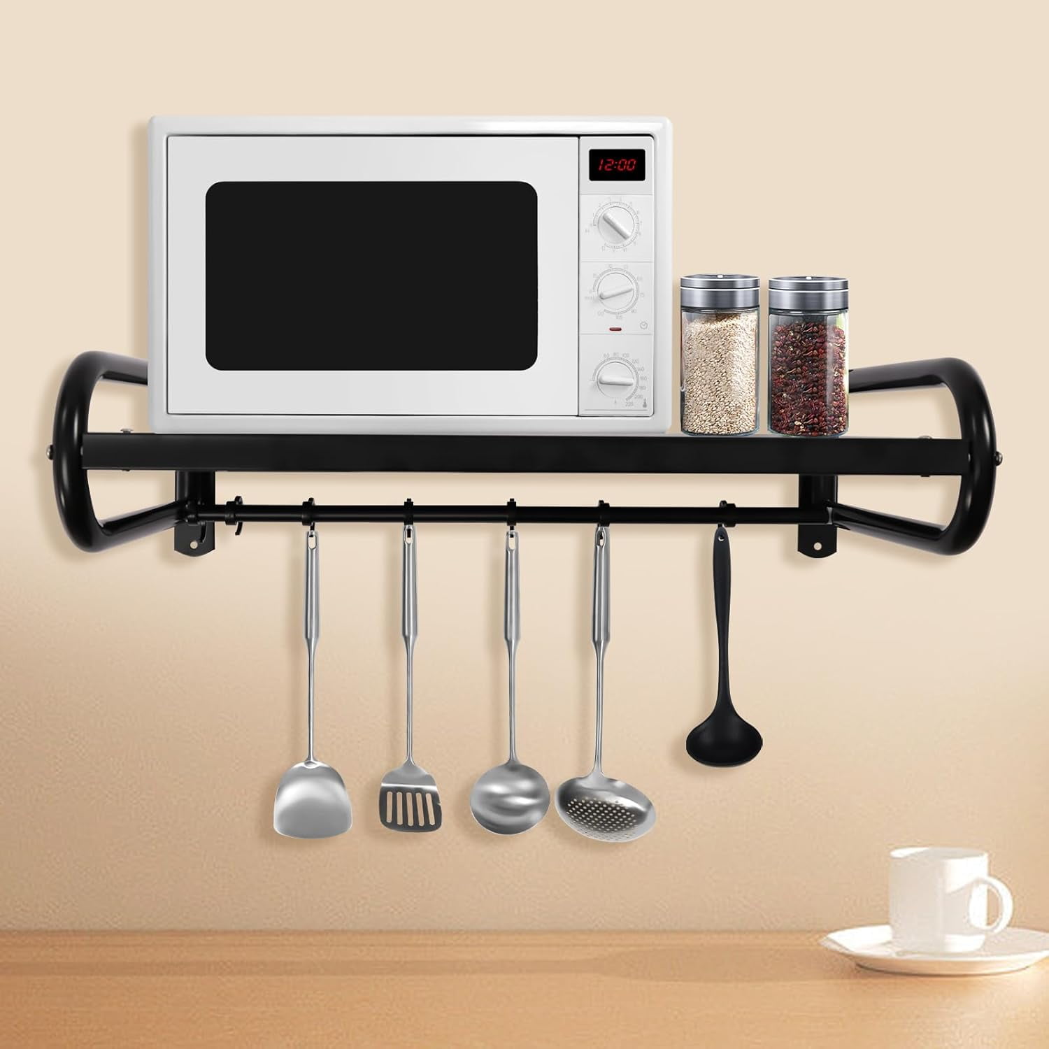 Stainless Steel Wall Shelf Metal Shelving 66lbs Wall Mount Microwave Oven Shelf with Backsplash and 2 Brackets for Restaurant,Kitchen Home Hotel Black