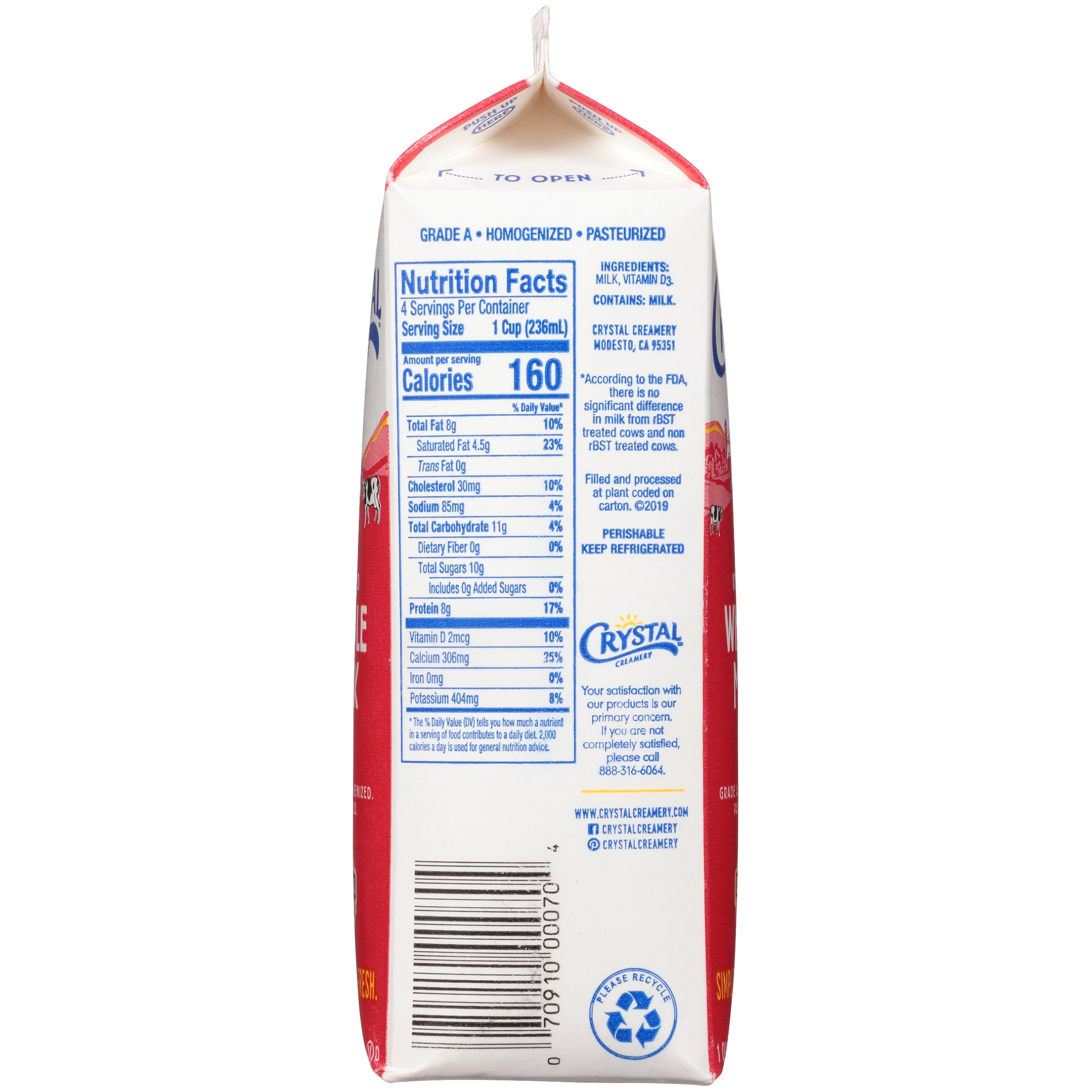Crystal Creamery Whole Vitamin D Milk, 100% California, 32 fl oz Paper Carton