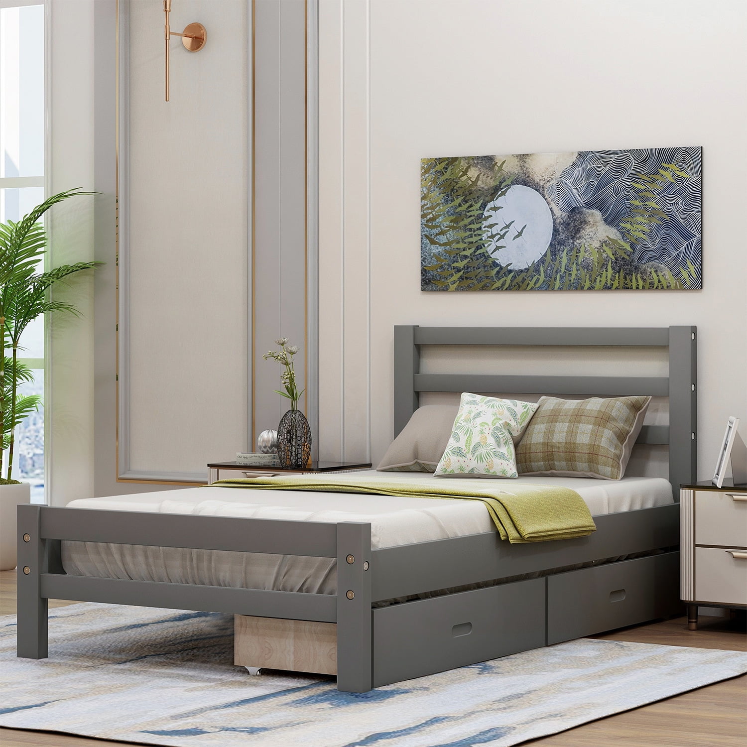Twin Size Platform Bed With 2 Drawers And Wheels, Gray Solid Wooden Bed