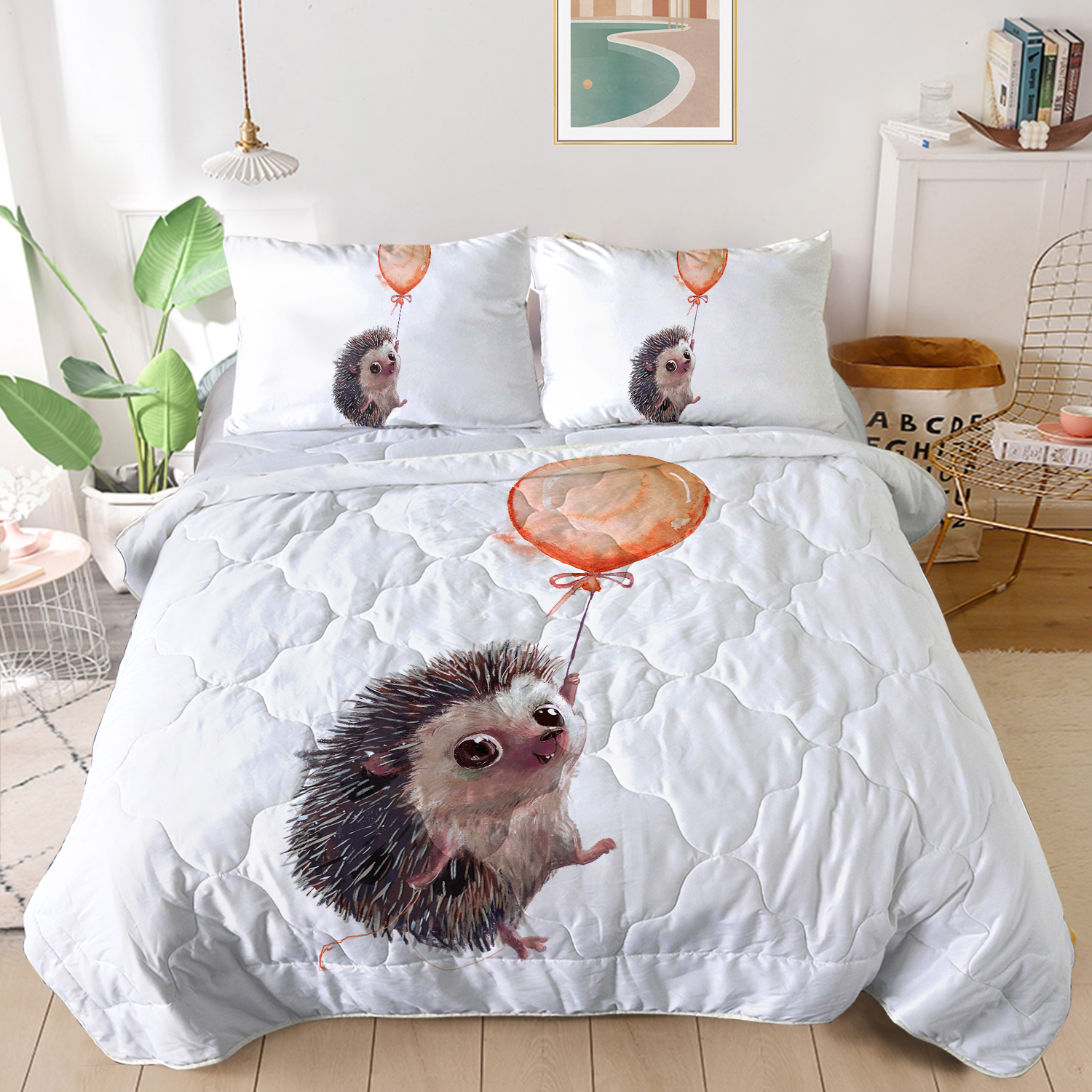 Arightex Hedgehog Cute Comforter Set, White Bedding Set for Kids Boys