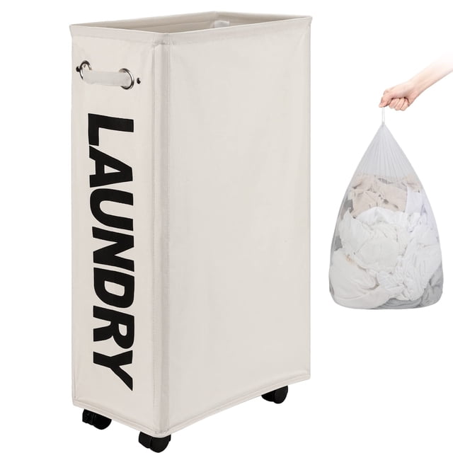 Cesto para ropa sucia DOKEHOM, agrandado y delgado, 70 litros, con ruedas, color beige