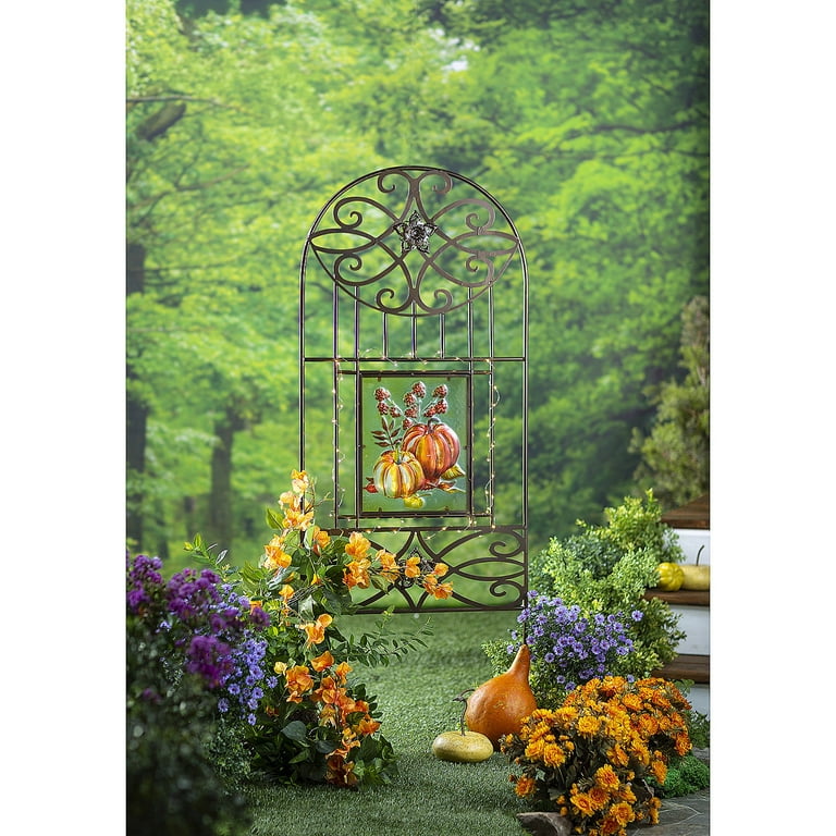 Wind & Weather Four Seasons Metal Trellis with Four Painted Glass Inserts and Solar-Powered String Lights