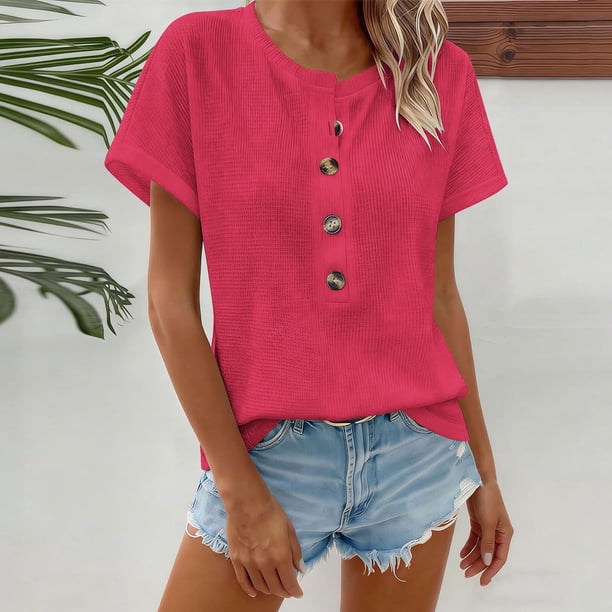 TaTaai Solid Color Casual Women Blouse Crew Neck Button Batwing Short Sleeve Regular Fit Soft Comfort Machine Washable No Fading Daily Office Street Wear Gift
