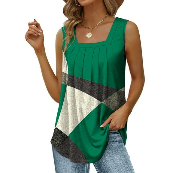 Wycnly Womens Tank Tops Trendy Loose Pleated Swing Breathable Tunic Tank Tops Summer Fashion Geometric Print Square Neck Sleeveless Shirts Blouse Army Green XL
