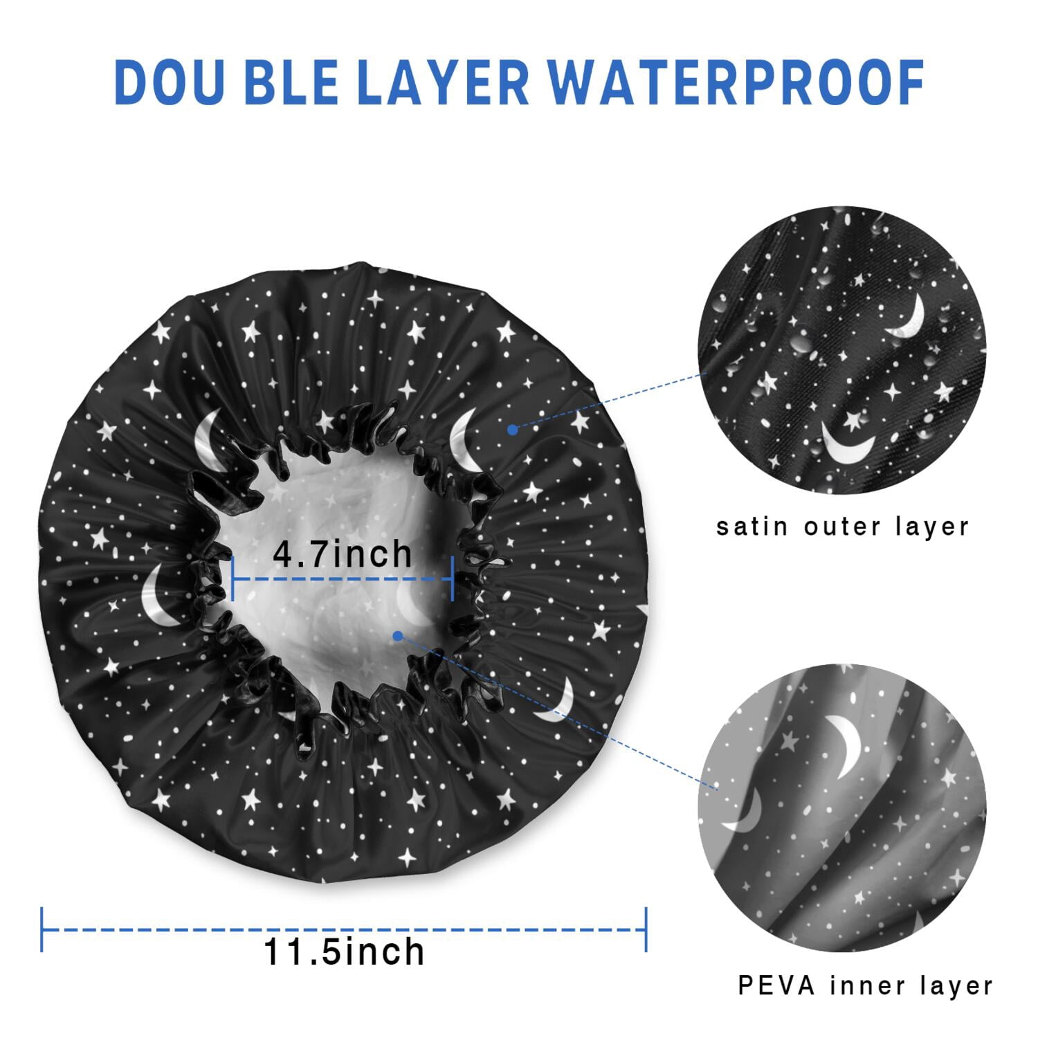 Shower Caps,Black Star Moon Pattern Waterproof Shower Cap for Women 4 Pieces,Double Reusable Hair Cover for Shower PEVA Elastic Stretch Hem
