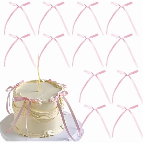 Crazyview 30 Pcs Bow Cake Topper Ribbon Bow Cupcake Toppers Birthday Party Bowknots Decoration for Bridal Wedding Party Supplies