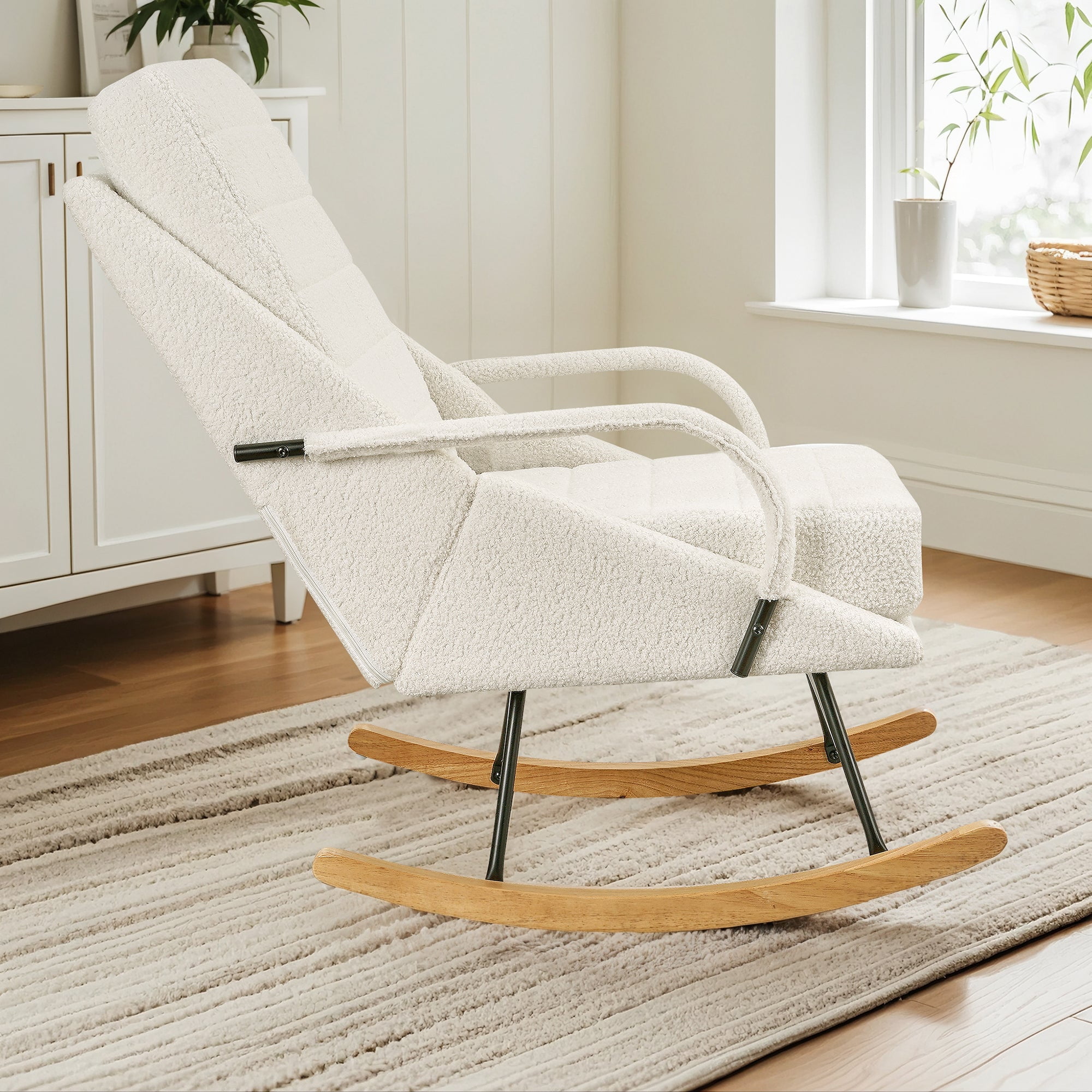 VECELO Nursery Rocking Chair with High Backrest, Teddy Upholstered Comfortable Rocker with Padded Seat for Living Room, Bedroom, White