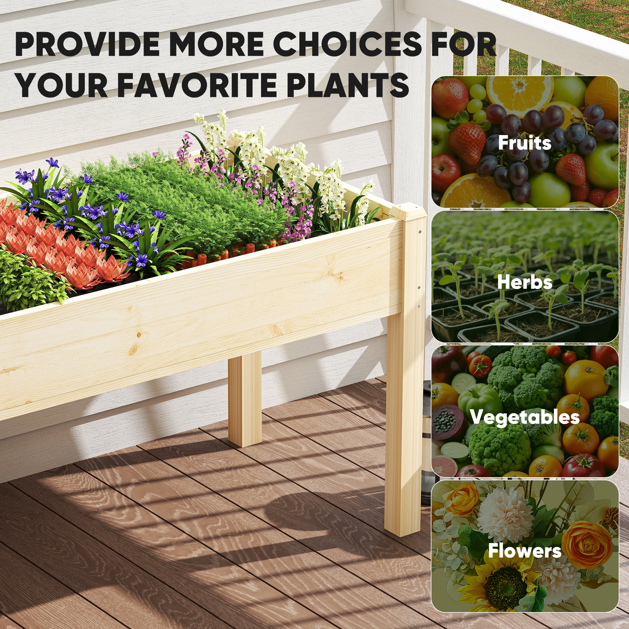 CONCETTA Elevated Wooden Garden Bed with Legs, 48x24x30in Planter Box with Liner for Herbs, Flowers, Veggies, 300lbs Capacity, Perfect for Patio, Balcony, Backyard