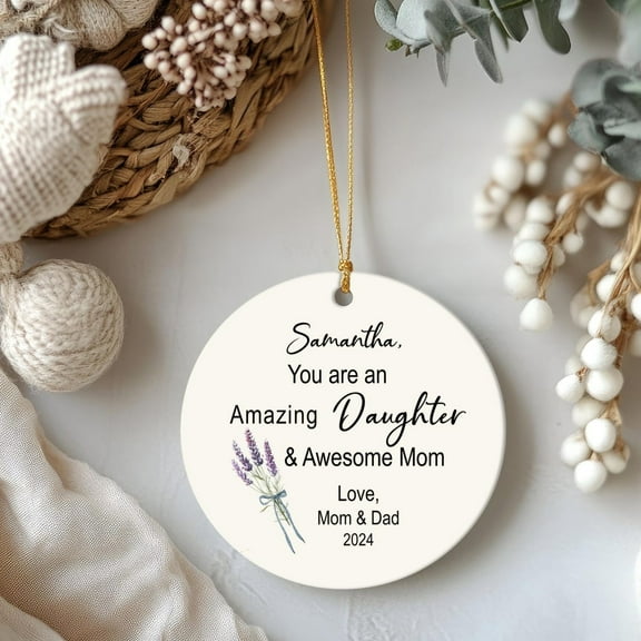 Personalized Daughter Ceramic Christmas Ornament – Lavender Flower Holiday Keepsake – Gift from Mom or Dad