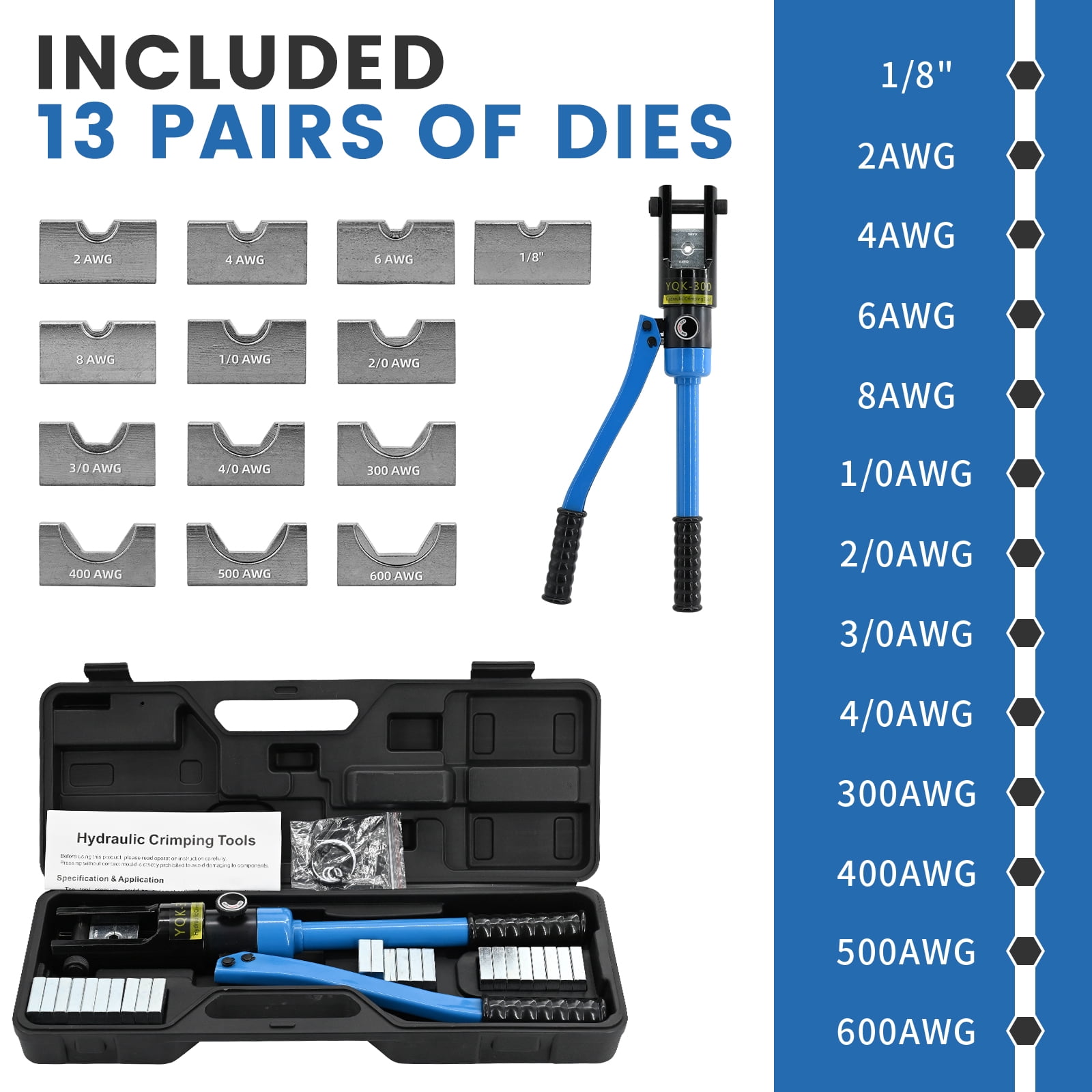 LCyindu 16T Hydraulic Battery Cable Crimper 8 AWG to 600 MCM Hydraulic Crimping Tool Cable Lug Crimper Electrical Terminal Wire Crimper with 13 Pairs of Dies Kit, Blue