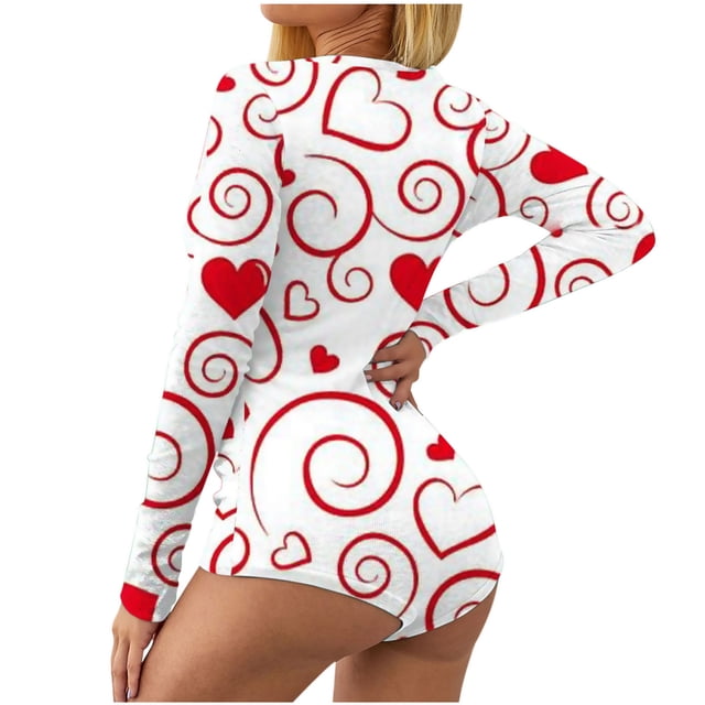 QTBIUQ Justaucorps Lingerie Pyjama Combinaison à Manches Longues Col en V Imprimé pour la Saint-Valentin pour Femmes