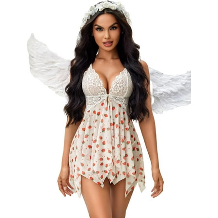 MAOYA Women Lace Lingerie Front Closure Babydoll V Neck Nightwear Sexy Chemise Nightie