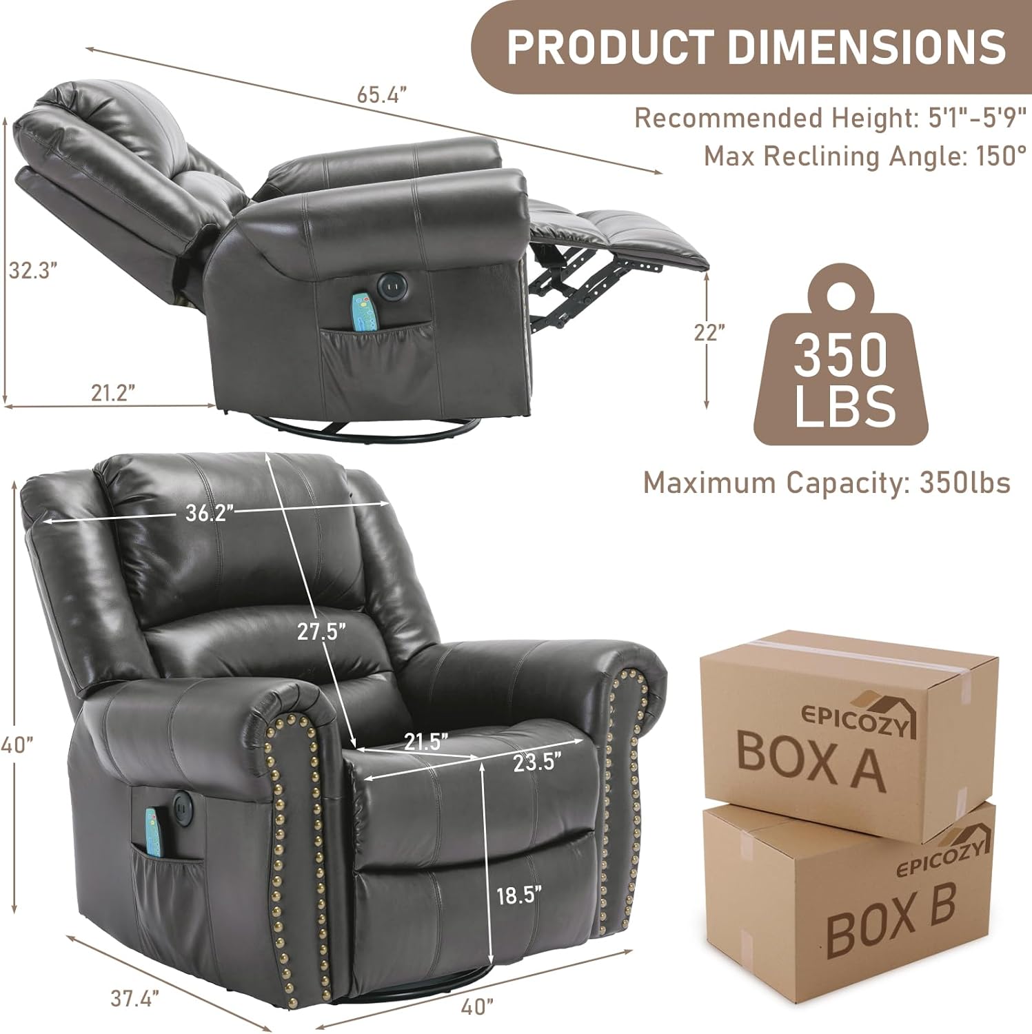EPICOZY Manual Massage Swivel Rocker Recliner with Heat and Vibration, 360° Swivel Glider Rocking Recliner Chair, Classic Living Room Lounge Recliners with Side Pockets & USB Ports, Grey