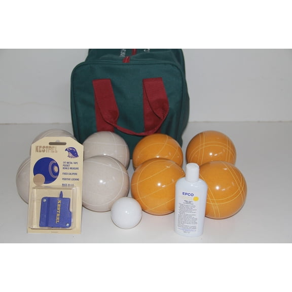 Italian/American Made, 110mm EPCO Bocce Set - Rustic Yellow/White Balls, Ball Polish, Kestrel Measuring Device and Green/Maroon Bag