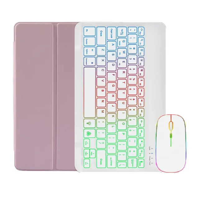 Housse de Clavier Rétroéclairé Arc-en-Ciel pour Étui Samsung Galaxy Tab S9 FE avec Porte-Crayon pour Galaxy Tab S9 FE Housse de Tablette 10,9 Pouces Rose avec Souris Thaï