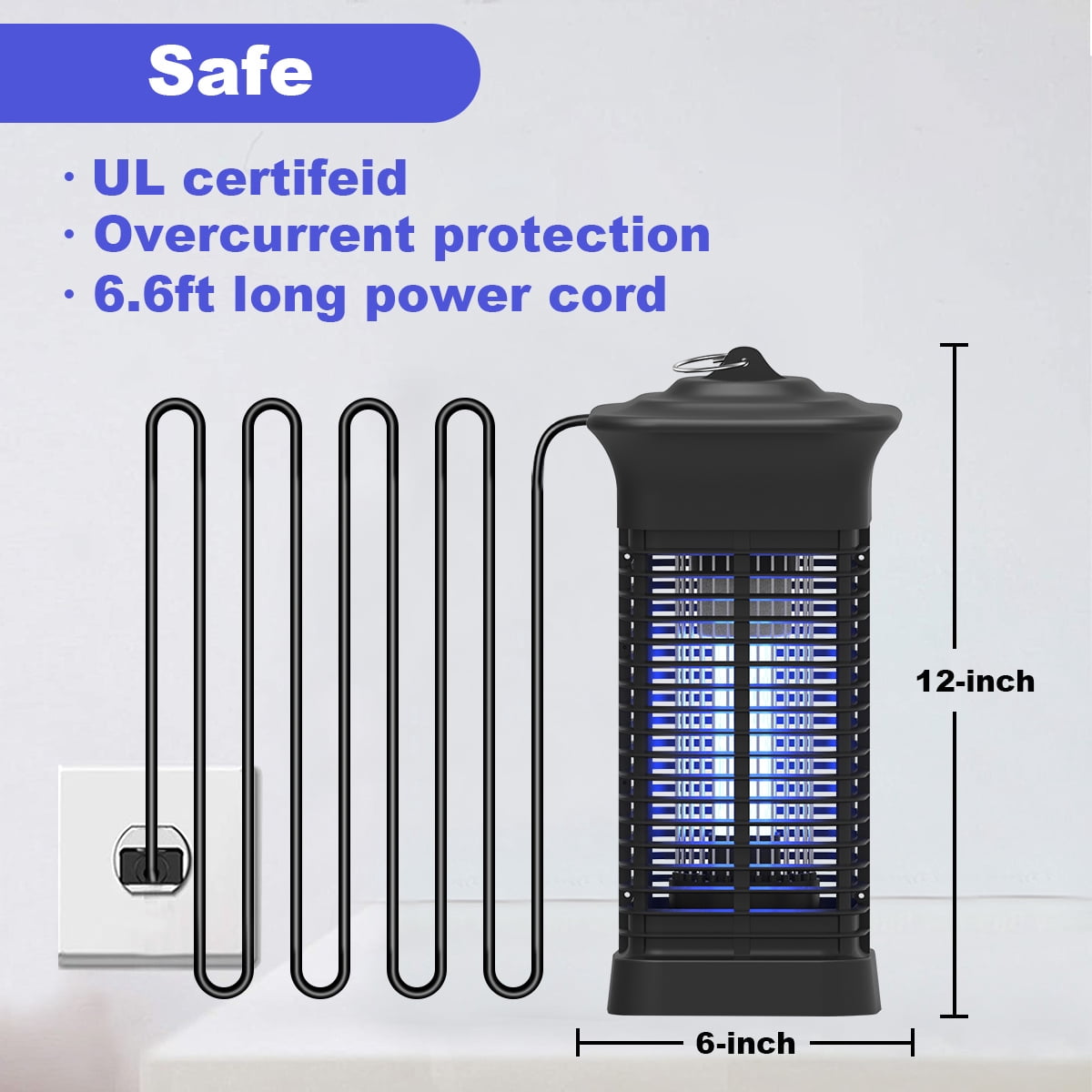 Gamexcel 4000V Bug Zapper, Corded Indoor/Outdoor Electric Insect Killer with Hanging Design, Square, Black