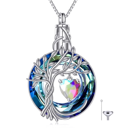 YAFEINI Tree of Life Urn Necklaces for Ashes Aurora Borealis April Birthstone Cremation Jewelry 925 Sterling Silver Crystal Memorial Keepsake Funeral Jewelry for Women (with Funnel Filler)