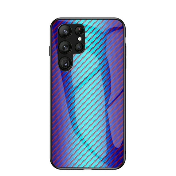 Case for Samsung Galaxy S23 Ultra Carbon Fiber Texture Tempered Glass Cover, Slim Thin Fit Soft Silicone Rugged Back Shockproof Anti-Scratches Anti-Fingerprints Case for Samsung S23 Ultra, Blue