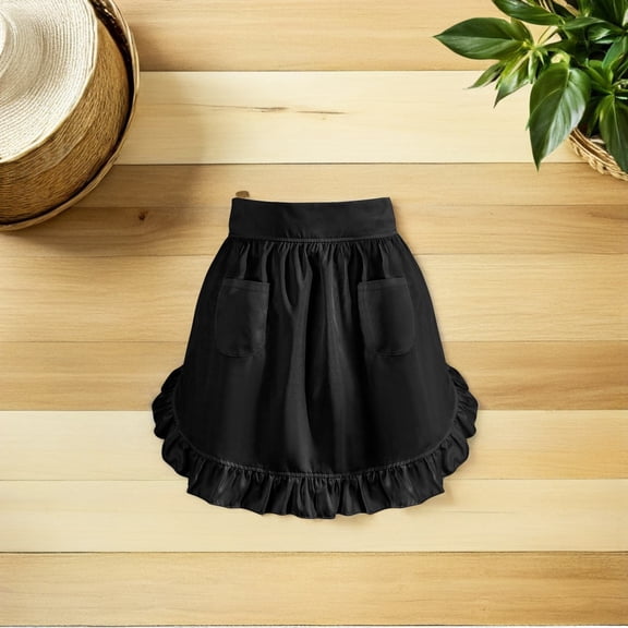 LOLIPPYY Black Polyester Waist Apron with Pockets, Edge Half Apron for Kitchen, Work, Serving, Crafting