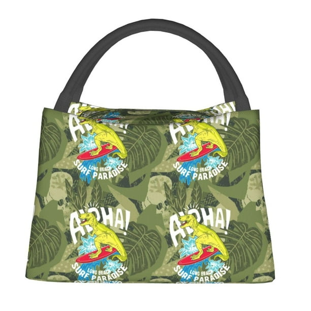Fotbe Surfing Dinosaur Bolsa Térmica Portátil con Estampado, Bolsa de Entrega de Alimentos Aislada, Bolsa Reutilizable de Gran Capacidad para Comidas y Supermercado