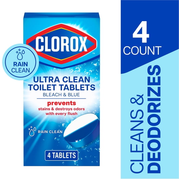 Clorox Bleach and Blue Toilet Bowl Cleaner Tablets, Rain Clean, 4 Count