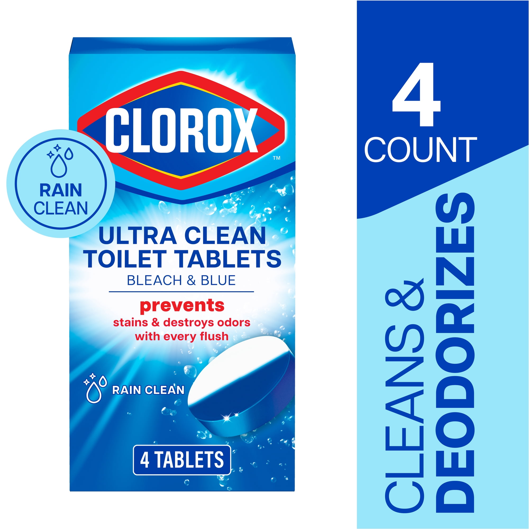 Clorox Bleach and Blue Toilet Bowl Cleaner Tablets, Rain Clean, 4 Count
