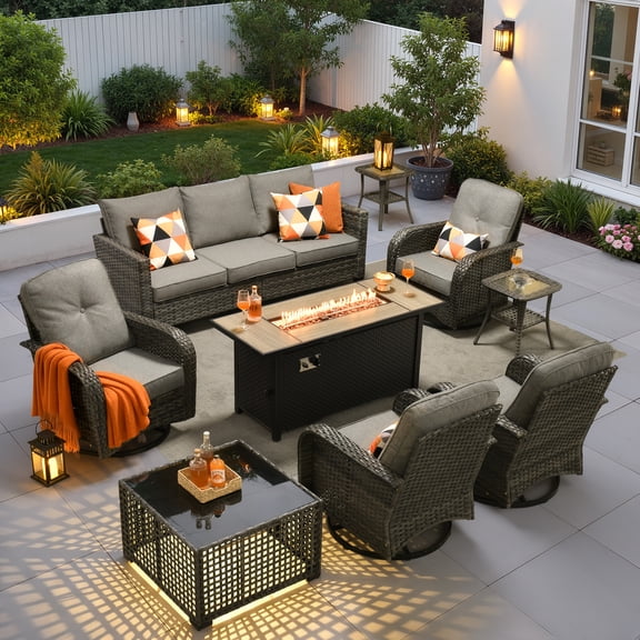 Ovios 9 Pieces Patio Furniture Set with Fire Pit Table Outdoor Conversation All-Weather Rattan Sectional Sofa with Swivel Chairs & Solar Light Table
