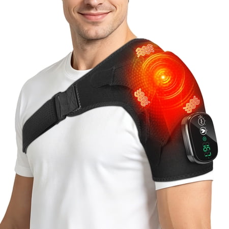 Heated Shoulder Brace Wrap, Hwallkare Shoulder Heating Pad, Rechargeable Cordless Shoulder Massager with 3 Adjustable Vibrations and Heating Modes for Men Women, Black