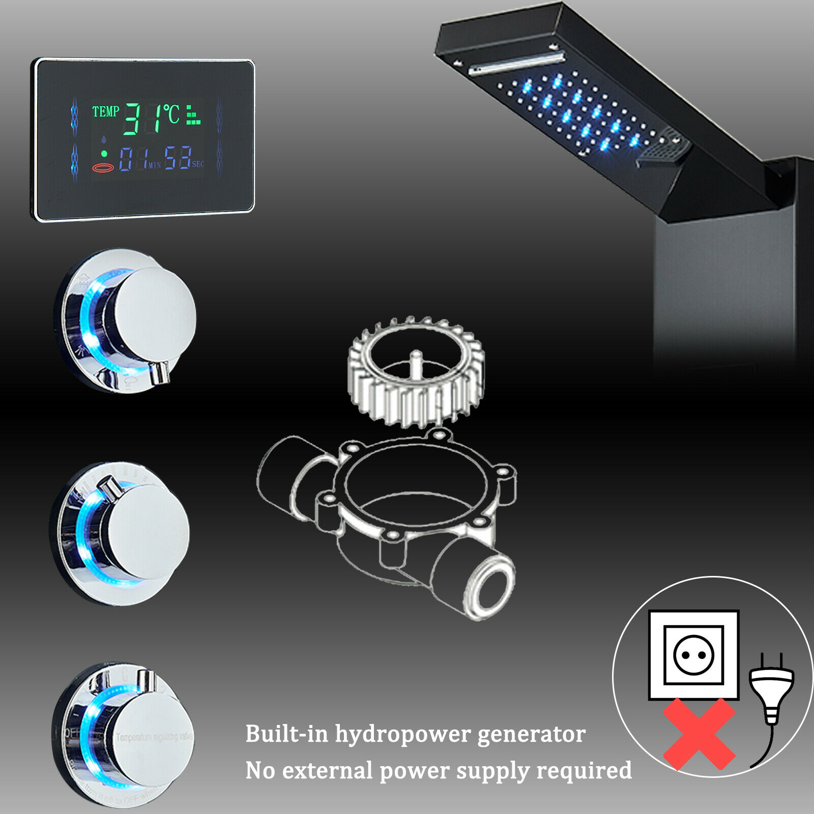 LED Shower Panel Tower System Rain&Waterfall Massage Black Stainless