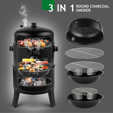 3-in-1 Portable Outdoor Grill Cooker, 32in Vertical Heavy Duty Round Charcoal BBQ Smoker Grill with Built-in Thermometer & Adjustable Vent System for Backyard BBQs & Family Gatherings, Black